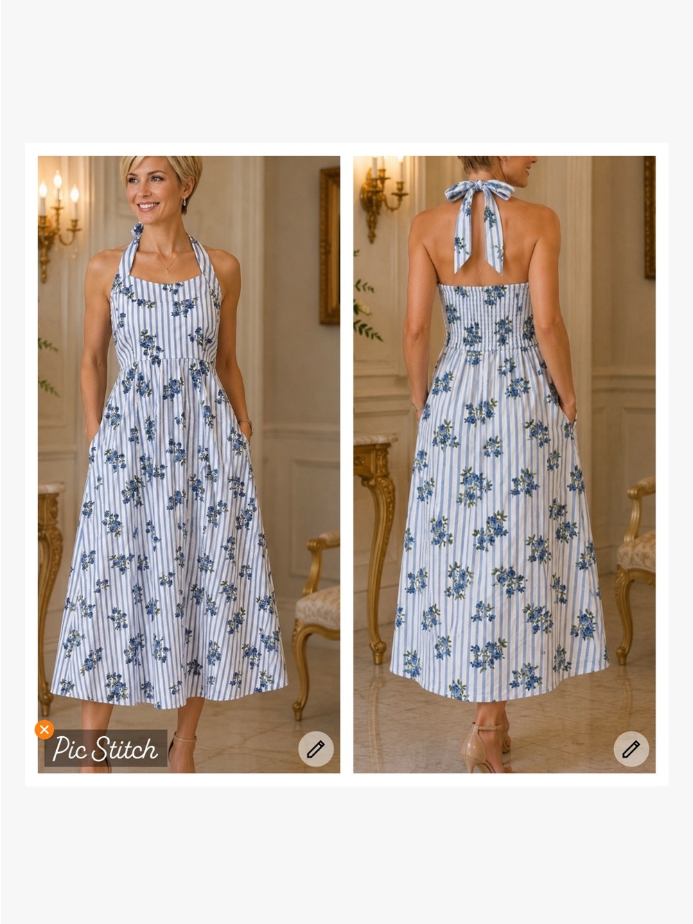 Laura Ashley Striped Floral Halter Midi/Maxi Dress